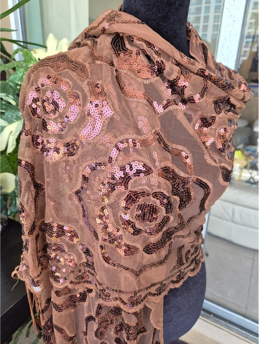 Caramel Brown Floral Sequin Mesh Scarf Shawl Fringe 25 x 70